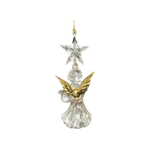 Clear Acrylic Angel Ornament With Gold Wings & Star Holiday Decoration 3.5" - Picture 4 of 14